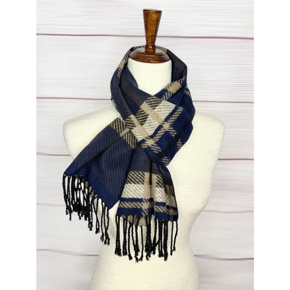 Club Room Silk Scarf Brushed Wool Feel Navy Tan Plaid Fringe Soft Warm 67x12